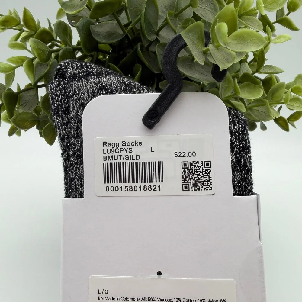 Lululemon Ragg Socks Black Silver Unisex Crew Length Size Large NWT